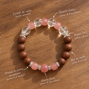 Bracelet quartz fraise et cristal de roche – Amour & harmonie – Pierres naturelles