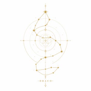 May include: A gold-colored line art illustration of the Draco constellation featuring interconnected stars and geometric circular patterns. The design includes thin lines, small star icons, and the text DRACO centered at the bottom.