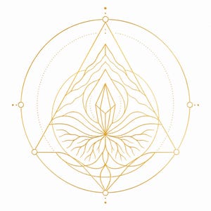 May include: A gold-colored line art illustration featuring a central crystal shape enclosed within a triangle and a larger circle. The design incorporates symmetrical, flowing organic lines resembling roots or petals, accented by small circles at the points.
