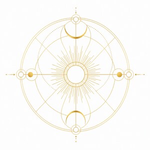 Op de afbeelding: Een geometrische lijnillustratie in goudkleur met een centrale zonnestraal omringd door concentrische cirkels, halve maanvormen en kleine cirkelvormige knooppunten in een symmetrisch en gebalanceerd hemels patroon.