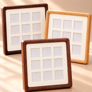 May include: Three square picture frames with rounded corners, each featuring a white mat with a grid of nine small rectangular openings. Two frames are made of dark brown wood, and one frame is made of a lighter, natural-toned wood.