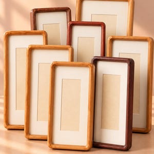 May include: A collection of rectangular wooden picture frames in various shades of light and dark brown. Each frame features rounded corners and a cream-colored mat board insert, arranged in a layered, overlapping display of multiple sizes.