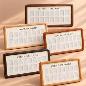 May include: Five rectangular wooden picture frames with varying wood tones, each featuring a white mat board with the text SCHOOL MEMORIES printed at the top and twelve small rectangular openings arranged in two rows for displaying photographs.