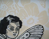And of the Butterfly, ORIGINAL  linoleum print collage mounted on wood  7"x7", home decor