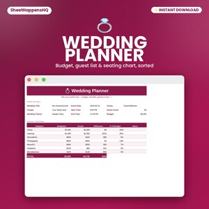 May include: A digital wedding planner template displayed on a screen, featuring a budget overview table with categories like venue, catering, and photography, alongside event details such as date, time, and guest count, all set against a dark red background.
