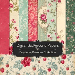 May include: A collection of digital background papers featuring various patterns including floral motifs, damask swirls, and raspberry illustrations in shades of red, pink, cream, and green. The text reads Digital Background Papers Raspberry Romance Collection.
