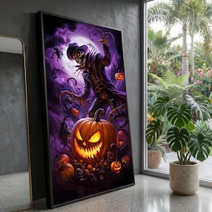 Spooky Halloween Night Canvas, Skeleton Scarecrow Wall Art, Glowing Jack-o'-Lantern, Haunted Pumpkin Patch, Eerie Moonlight Decoration