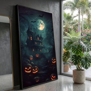 Spookhuis Halloween Canvas, Griezelige Pompoen Jack-o'-Lanterns, Volle Maan Nachtscène, Gotische Horror Muurdecoratie voor Thuis, Enge Vleermuissilhouet