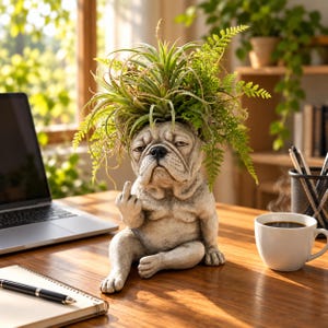 May include: A gray, stone-textured French bulldog figurine acting as a planter, with a lush green air plant and fern foliage sprouting from its head. The dog is in a seated position, gesturing with its right paw in an offensive hand sign.