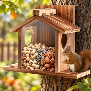 May include: A wooden squirrel feeder with a clear front panel, a hinged roof, and circular side openings. The feeder is filled with a mix of peanuts, sunflower seeds, and walnuts, with a small brown squirrel standing on the platform.
