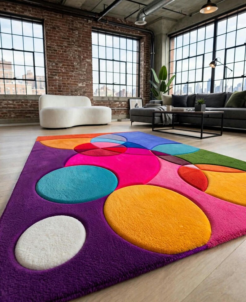 May include: A rectangular area rug featuring a vibrant, multi-colored pattern of overlapping circles and ovals in shades of purple, hot pink, bright orange, yellow, turquoise, and white. The rug has a plush, textured pile surface throughout.