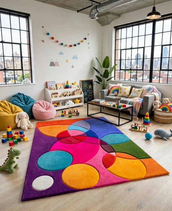 Colorful Abstract Geometric Kids Playroom Area Rug,  Multicolour palette Cut Pile Soft Wool Rugs, Luxury Living Room & Nursery Decor