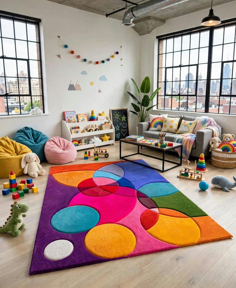 May include: A rectangular area rug featuring a vibrant, multi-colored geometric pattern of overlapping circles and shapes in shades of purple, pink, orange, yellow, blue, and green, set against a light-colored wooden floor in a room.