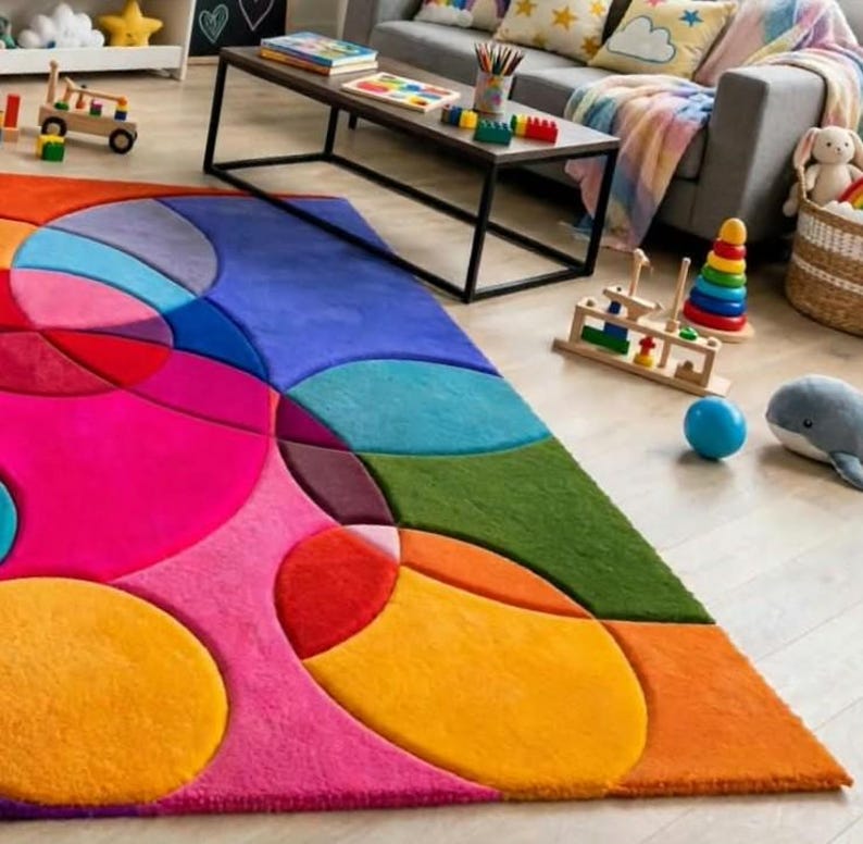May include: A rectangular area rug featuring a vibrant geometric pattern of large, overlapping circles and curved shapes in bright shades of pink, orange, yellow, green, blue, and purple, with a soft, plush texture covering the floor surface.