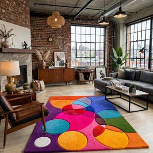 May include: A rectangular area rug featuring a vibrant, multi-colored geometric pattern of overlapping circles and semi-circles in shades of hot pink, bright orange, deep purple, teal, lime green, and white, with a soft, plush, textured pile surface.