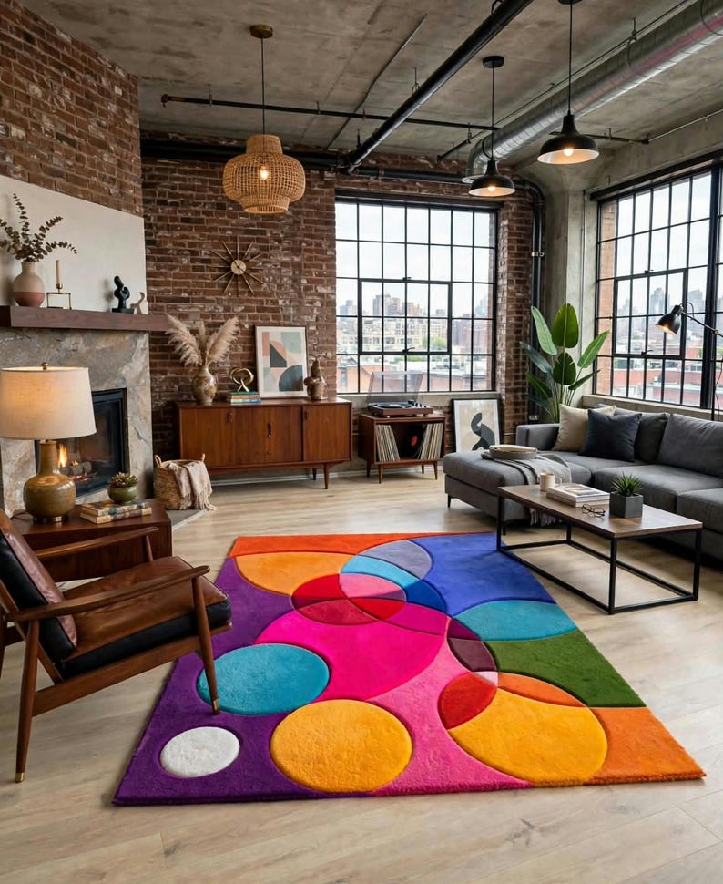 May include: A rectangular area rug featuring a vibrant, multi-colored geometric pattern of overlapping circles and semi-circles in shades of hot pink, bright orange, deep purple, teal, lime green, and white, with a soft, plush, textured pile surface.
