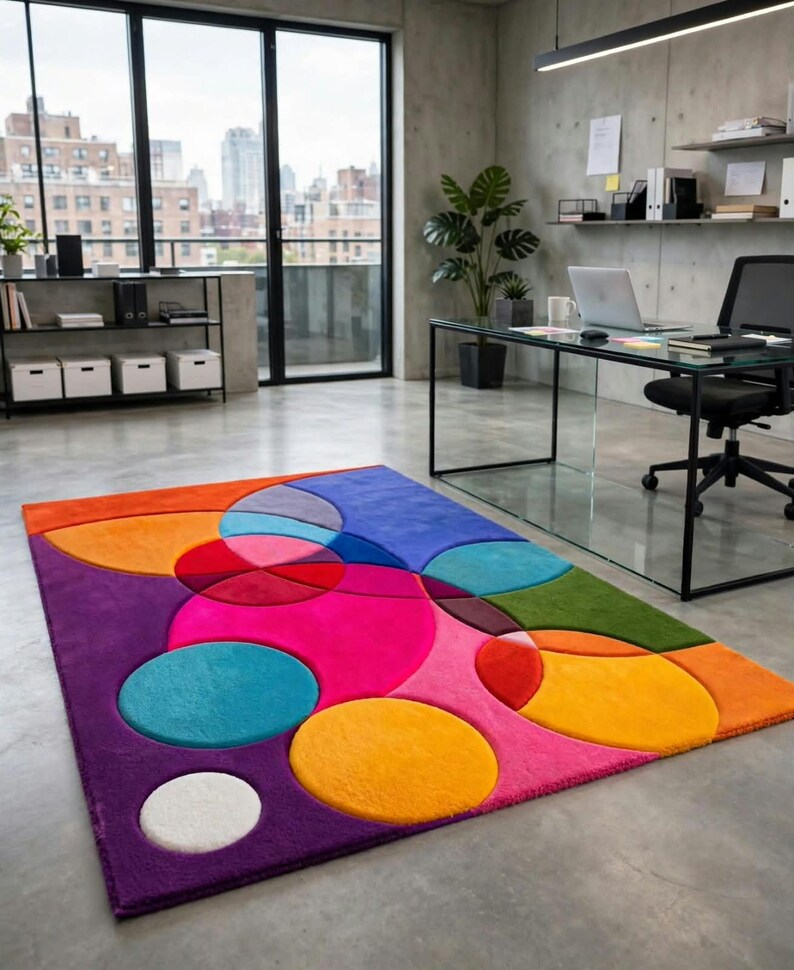 May include: A rectangular area rug featuring a vibrant, multi-colored geometric pattern of overlapping circles and semi-circles in shades of bright pink, orange, purple, blue, green, and white, with a soft, plush texture covering the entire surface.