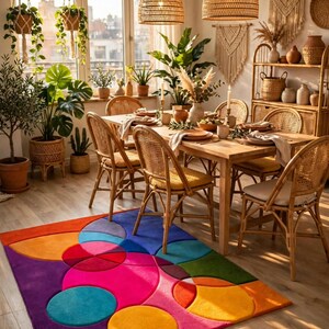 May include: A rectangular area rug featuring a vibrant geometric pattern of overlapping circles in shades of purple, magenta, orange, yellow, teal, and green. The rug is positioned on a light wood floor in a dining room with rattan chairs.