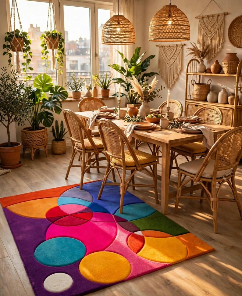 May include: A rectangular area rug featuring a vibrant geometric pattern of overlapping circles in shades of purple, magenta, orange, yellow, teal, and green. The rug is positioned on a light wood floor in a dining room with rattan chairs.