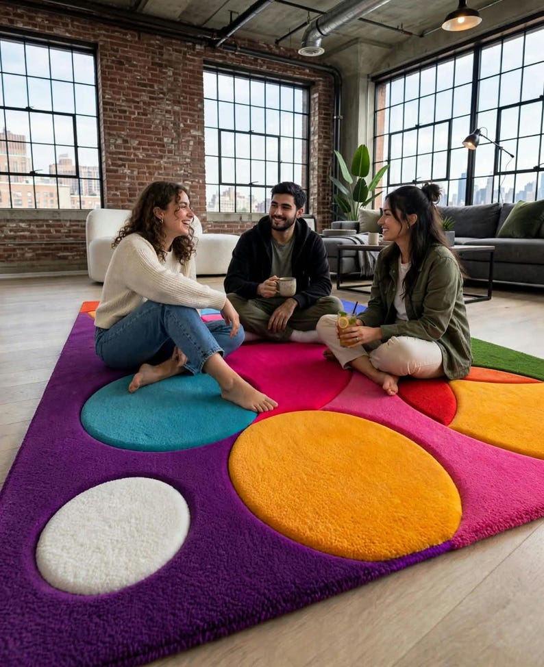 May include: A rectangular area rug featuring a vibrant, multi-colored geometric pattern with large, plush circular and oval shapes in shades of purple, magenta, bright orange, teal, and white, set against a deep purple background.