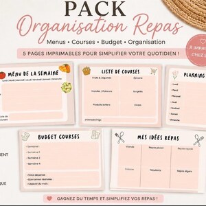 Peut inclure: Un ensemble de cinq pages imprimables pour l'organisation des repas, incluant un menu hebdomadaire, une liste de courses, un planning, un suivi de budget et des idées de repas, sur fond pêche avec du texte noir et des illustrations.