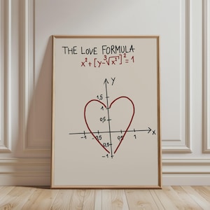 Könnte beinhalten: Ein gerahmter vertikaler Druck auf hellbeigem Hintergrund mit dem schwarzen Text THE LOVE FORMULA, einer roten mathematischen Gleichung x² + [y-³√x²]² = 1 und einem roten herzförmigen Graphen auf schwarzen x- und y-Achsen mit numerischen Beschriftungen.