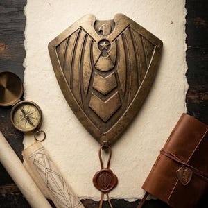 May include: A bronze-toned shield featuring an embossed eagle and star motif, accompanied by a brass compass, a rolled parchment with line drawings, a brown leather-bound journal, and a wax seal with a matching eagle emblem on a textured paper.