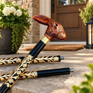 Può includere: Un bastone da passeggio con impugnatura a forma di testa di coniglio intagliata marrone e un collare in ottone lucido. L'asta è nera con intricati intagli floreali color oro e include tre segmenti staccabili con raccordi filettati.