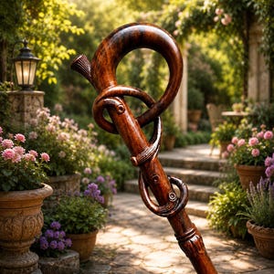 May include: A dark brown wooden walking stick featuring a polished finish and a curved top handle. The shaft is adorned with a carved, coiled snake design that wraps around the main body, showcasing intricate textures and smooth, rounded contours.