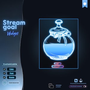 May include: A digital stream goal widget featuring a glowing blue line-art illustration of a glass jar with a lid and a bow. The interface includes text reading Stream goal Widget, Donation Goal, $50 / $100, Customizable, and Font selector.