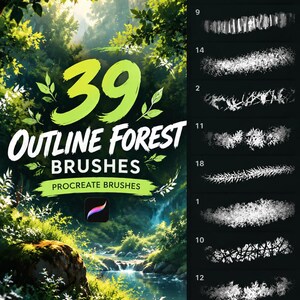 Könnte beinhalten: Ein digitales Produkt mit 39 Outline Forest Pinseln für Procreate. Das Bild zeigt eine üppige Waldszene mit Bach und Fels sowie eine vertikale Liste weißer Pinselstrichproben, die mit den Nummern 1, 2, 3, 9, 10, 11, 12, 14, 18 und 19 beschriftet sind.