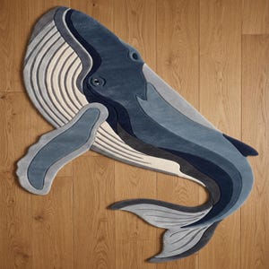 Alfombra de lana con forma de ballena jorobada, alfombra tejida a mano, alfombra con forma de animal marino, alfombra costera azul grisácea, decoración estética para habitaciones.