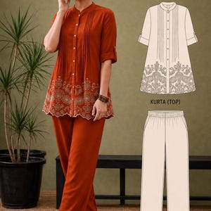 May include: A rust-colored kurta pant set featuring a button-down tunic with vertical pleats, three-quarter sleeves, and a white floral hem embroidery. The set includes matching straight-leg pants. Text includes PatternNest Studio Kurta pant set.