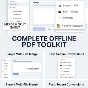 May include: A digital download of the Merlin PDF offline toolkit interface. The software features tools to merge, split, organize, and extract pages, along with options for image-to-PDF conversion, compression, and password removal for secure files.