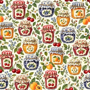 May include: A repeating pattern featuring glass jars of fruit preserves with fabric-covered lids, decorated with illustrations of cherries, raspberries, blueberries, and apricots, interspersed with green leaves and small white and blue flowers.