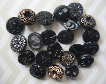 Vintage Dimi Czech Buttons - 22 Small Black Glass Buttons - Gold Glass Buttons - Fancy Small Black Glass Buttons - Assorted Glass Buttons