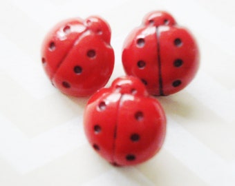 Childrens Button Set - 3 Vintage Ladybug Buttons - Red and Black Dotted Bug Buttons - Tiny Kids Ladybug Buttons - Childrens Sweater Buttons