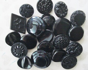 Assorted Glass Buttons - 20  Fancy Black Czech Glass Buttons - Unique Black Glass Buttons - Black Czech Buttons - Faceted Glass Buttons