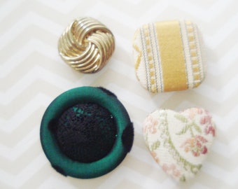 Fancy Nancy Button Covers - 4 Unique Button Covers - Vintage Fabric Button Covers - Large Fancy Button Cover - Heart Gold Green Button Cover