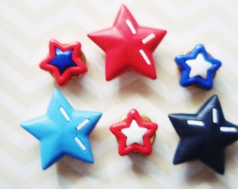 Vintage Star Button Covers - 6 Fancy Star Button Covers - Fourth of July Button Covers - Red White Blue Holiday Button Covers