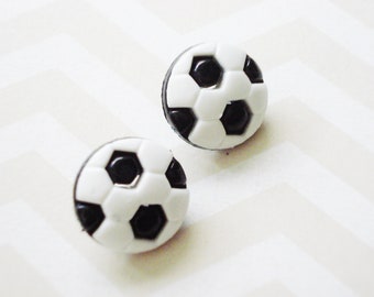 Childrens Button Set - 2 Vintage Soccer Ball Buttons - White and Black Sports Buttons - Tiny Boys Soccer Buttons - Childrens Sweater Buttons