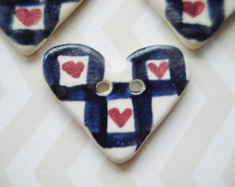 Vintage Porcelain Heart Buttons - 3 Ceramic Heart Buttons - White and Blue Glazed Heart Buttons - Unique Heart Buttons - Whimsical Hearts