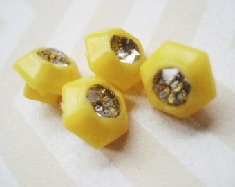 Vintage Rhinestone Buttons - 4 Yellow Hexagonal Buttons - Dimi Rhinestone Buttons - Small Yellow Six Sided Buttons - Fancy Yellow Buttons
