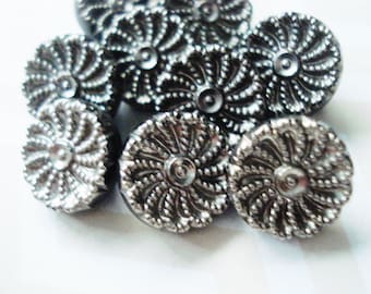 Black and Silver Czech Buttons - Vintage Czech Glass Buttons - Fancy Silver Glass Buttons - 10 Vintage Silver and Black Glass Buttons