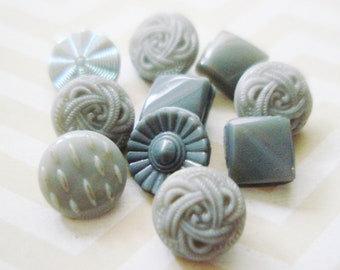 Assorted Gray Czech Buttons - Vintage Czech Glass Buttons - 10 Fancy Grey Glass Buttons - Grey Aurora Borealis Buttons - Gray Square Buttons