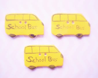 Vintage Ceramic School Bus Buttons - 3 Porcelain Kids Bus Buttons - Porcelain Yellow Bus Buttons - Large Yellow School Bus Buttons