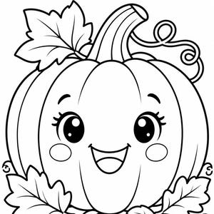 May include: A black and white line art illustration of a smiling pumpkin character with large eyes, eyelashes, and rosy cheeks. The pumpkin features a stem, a curly vine, and several leaves at the base and top, presented as a colouring page design.