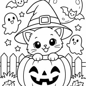 Può includere: Una pagina da colorare in bianco e nero raffigurante un gattino con un cappello da strega, seduto all'interno di una zucca di Halloween intagliata. La scena include due fantasmi, due pipistrelli, una luna piena, stelle, un recinto e caramelle.