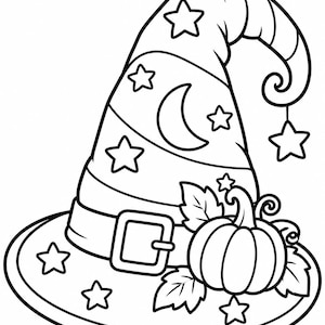 May include: A black and white line art illustration of a pointed hat featuring a crescent moon and multiple star shapes. The hat has a wide brim with a buckled band and is decorated with a small pumpkin and leaves at the base of the crown.