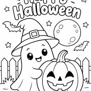 May include: A black and white coloring page featuring a smiling ghost wearing a witch hat and holding a jack-o'-lantern pumpkin. The scene includes a picket fence, a full moon, bats, and stars, with the text Happy Halloween at the top.